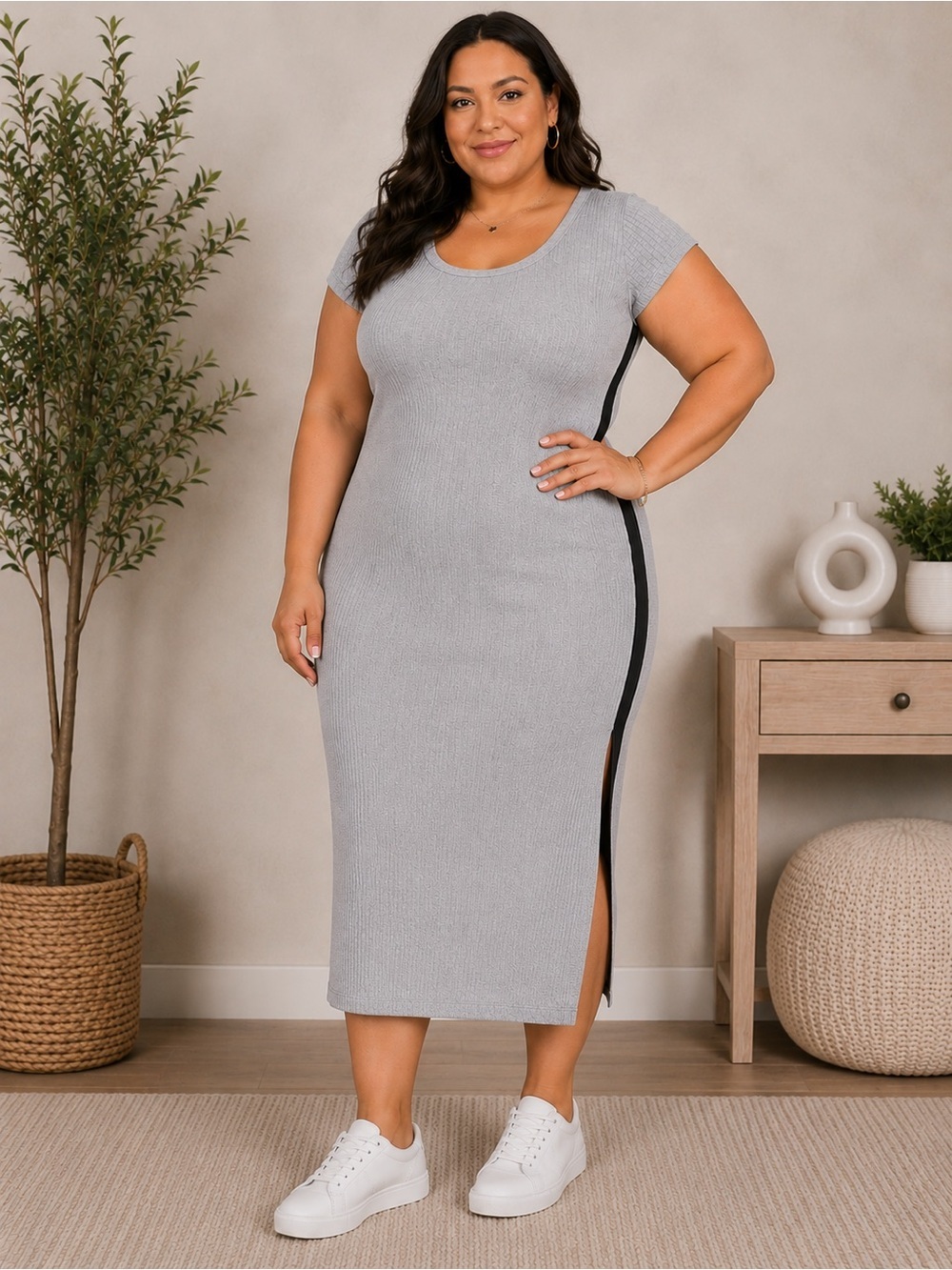 Skinnygirl Boze Ribbed Midi Dress with Side Stripe. EUC